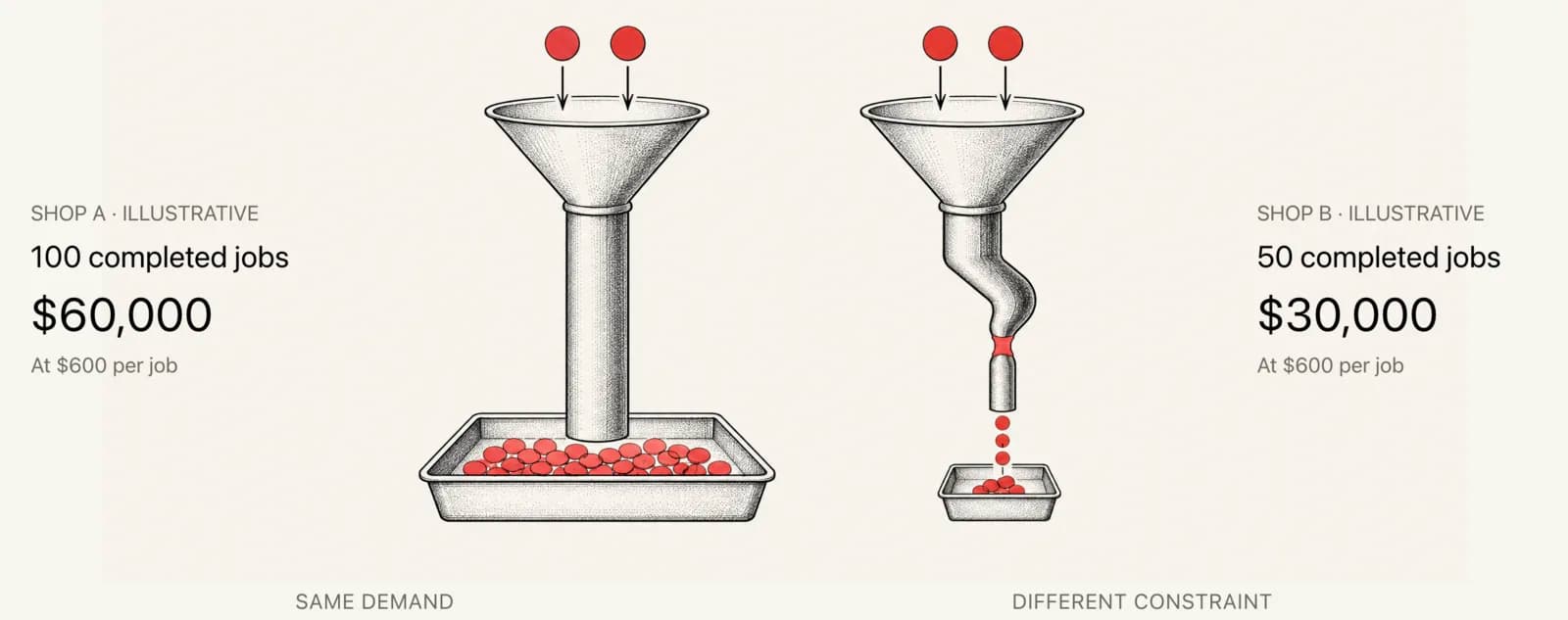 Two funnels receive the same two red balls. The left funnel has a wide, straight spout and a full tray of red balls beneath it. The right funnel has a narrow, kinked spout, and only a few balls drip into a small tray.