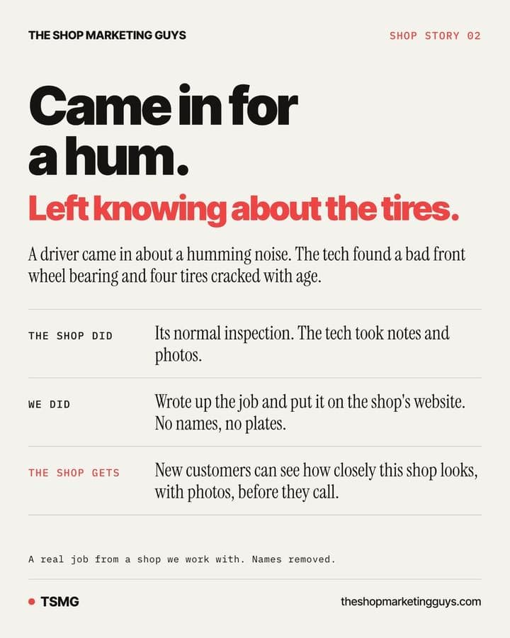 Job card: a car came in for a hum and the owner left knowing about the tires. What the shop did, what the marketing team did, and what the shop gets.
