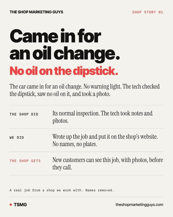 Job card: a car came in for an oil change with no oil on the dipstick. What the shop did, what the marketing team did, and what the shop gets.