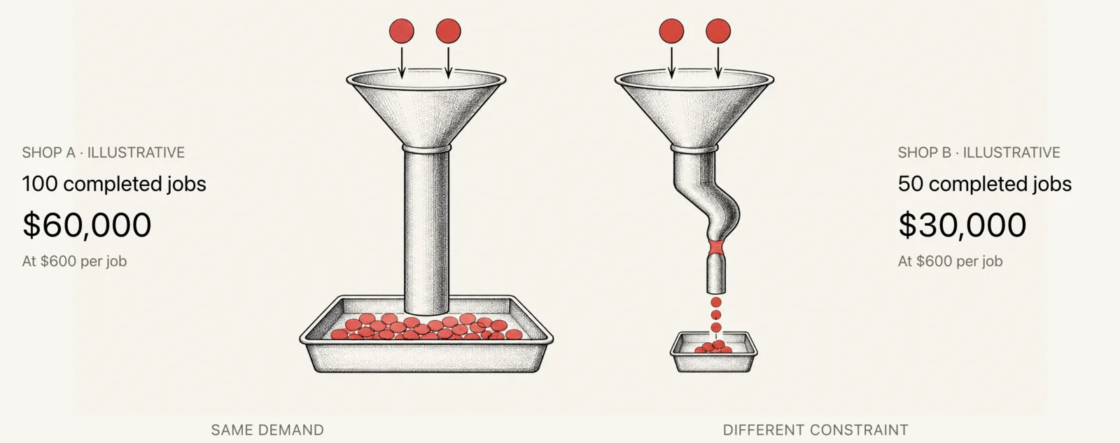 Two funnels receive the same two red balls. The left funnel has a wide, straight spout and a full tray of red balls beneath it. The right funnel has a narrow, kinked spout, and only a few balls drip into a small tray.
