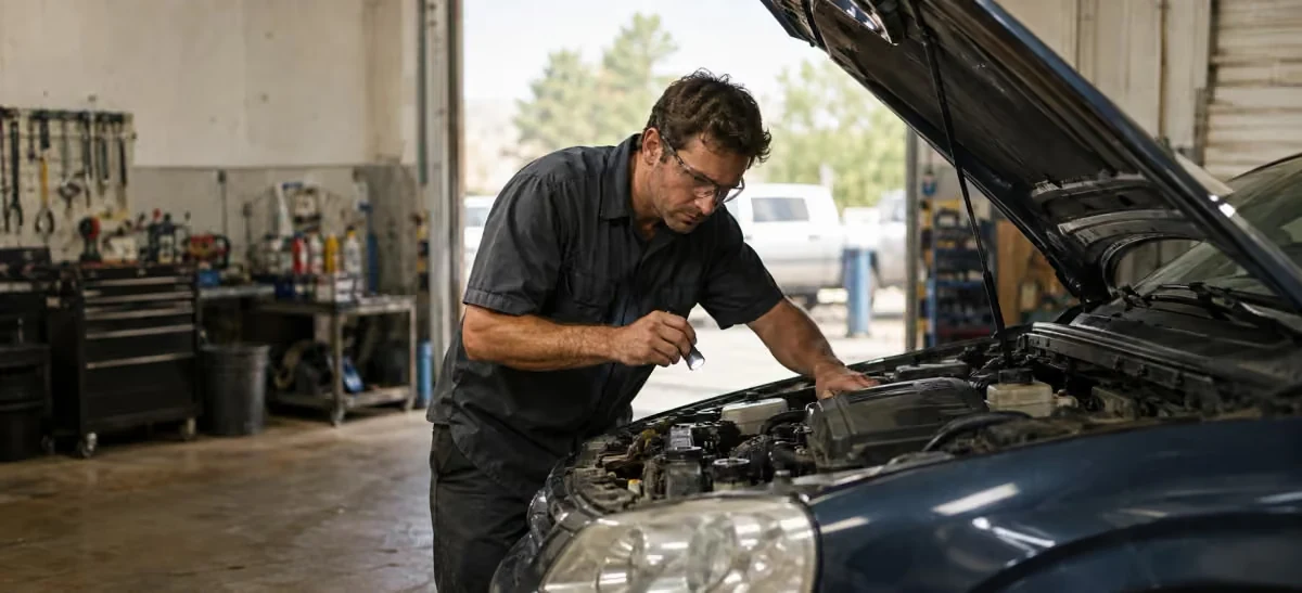 A technician holds a flashlight and leans into the engine bay of a car with its hood up, with the shop interior behind.